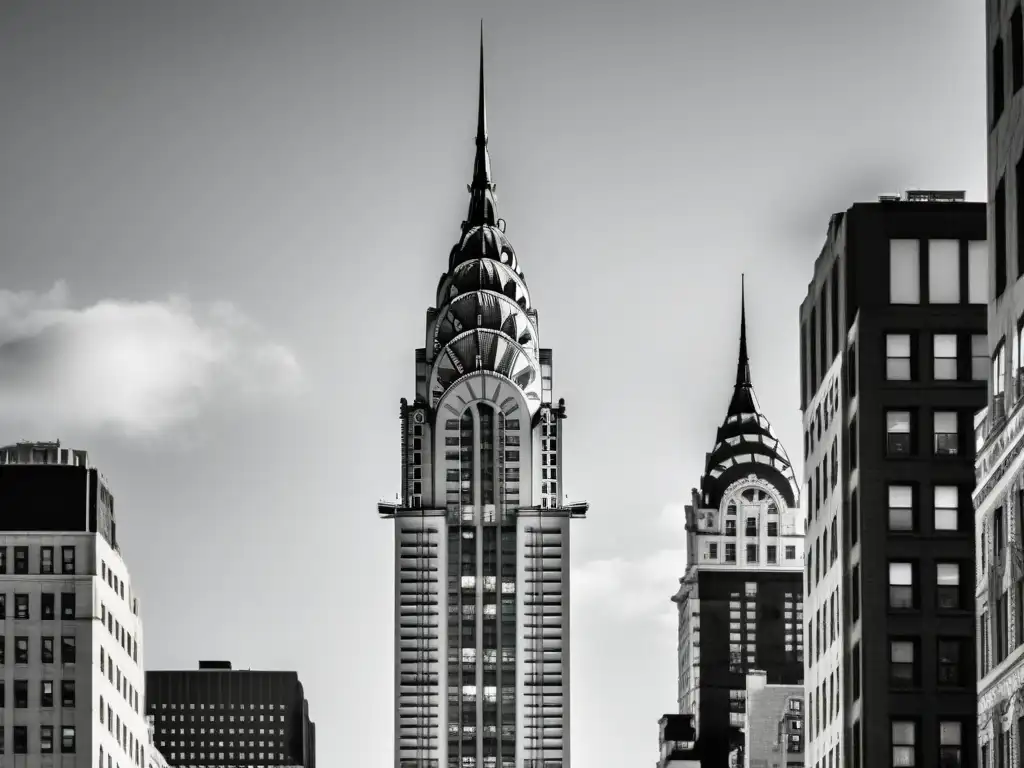 Patrones lineales en rascacielos modernos: Fotografía en blanco y negro del Chrysler Building destaca su diseño Art Deco elegante y atemporal