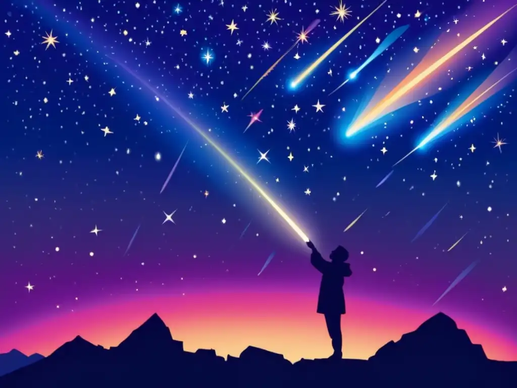 Patrones en lluvias de estrellas: Una ilustración vintage muestra una lluvia de meteoros en un cielo nocturno oscuro, con estrellas fugaces de diversos tamaños y colores, creando un espectáculo fascinante y etéreo