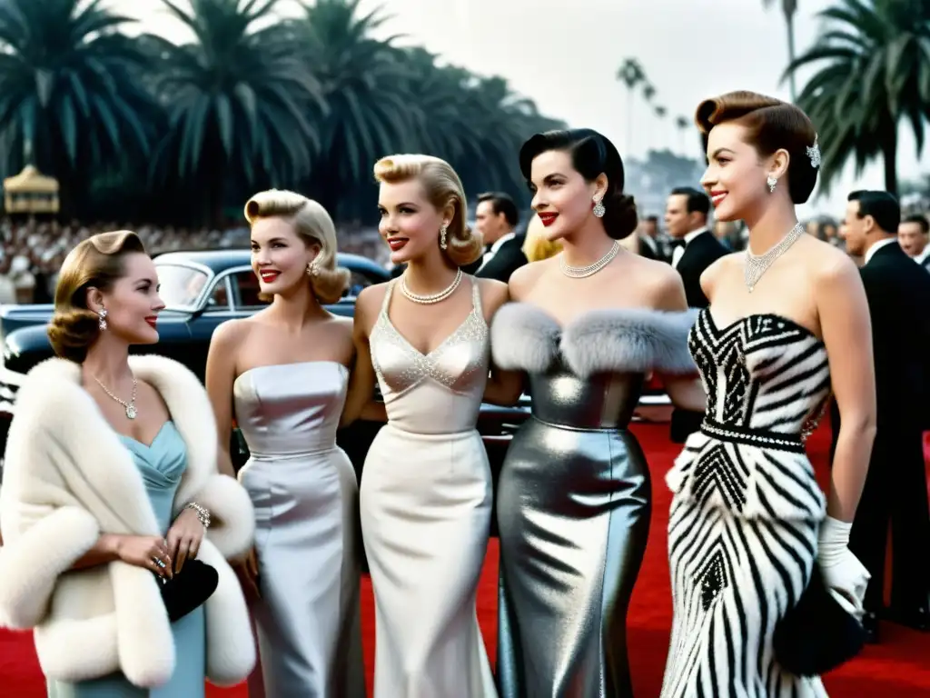 Patrones de lujo en la alfombra roja: Estrellas de Hollywood de los 50 lucen glamour y elegancia en sus trajes vintage, rodeadas de lujo y nostalgia