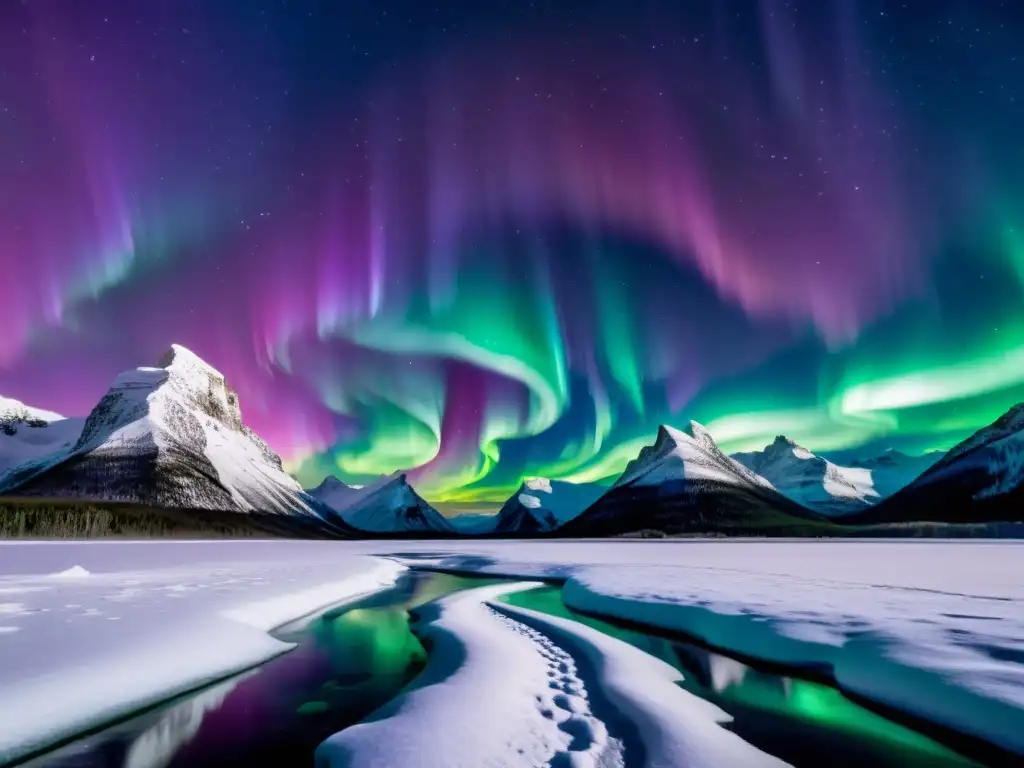 Patrones luminosos auroras cielo polar: Aurora boreal vibrante y dinámica sobre un paisaje nevado