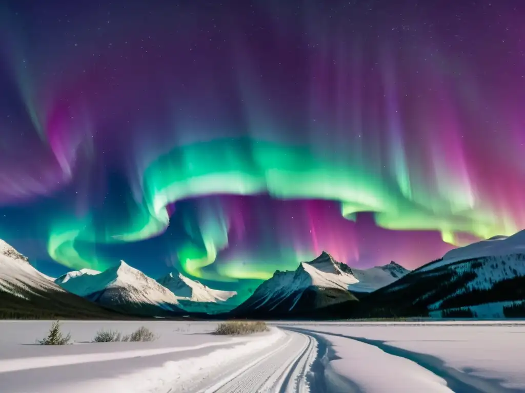 Patrones luminosos auroras danzan en el cielo polar, iluminando un paisaje nevado con colores vibrantes y mágicos