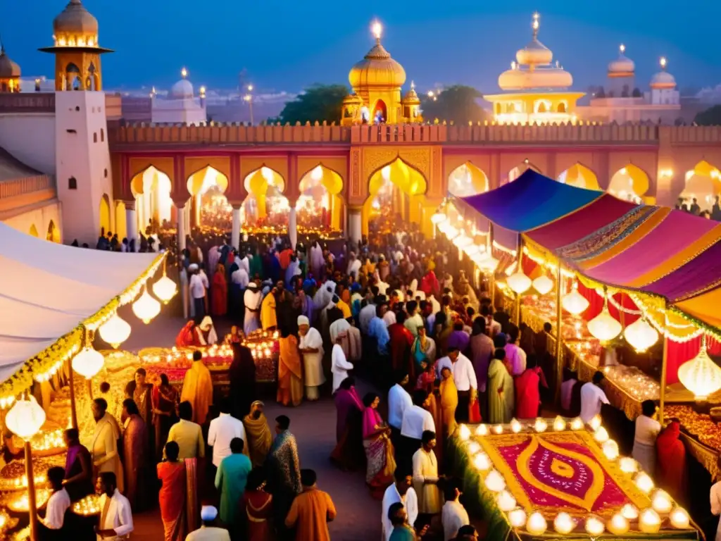 Patrones de luz y color Diwali: Bullicioso mercado con vibrantes textiles, ornamentos y lámparas de aceite, en una atmósfera festiva y animada