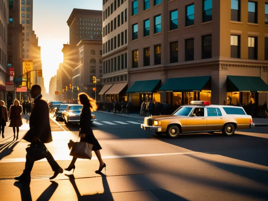 Patrones de luz y sombra urbanos en una bulliciosa calle de la ciudad al atardecer, con edificios altos creando dramáticas sombras