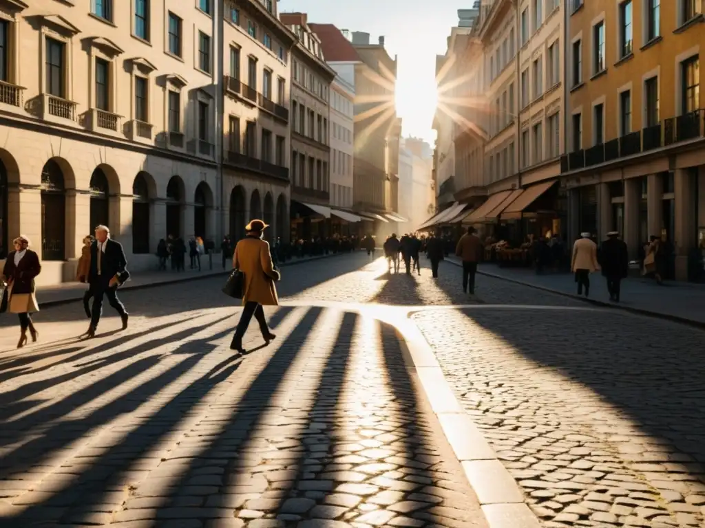 Patrones de luz y sombra urbanos en una calle vintage bulliciosa, con edificios ornamentados y sombras de personas