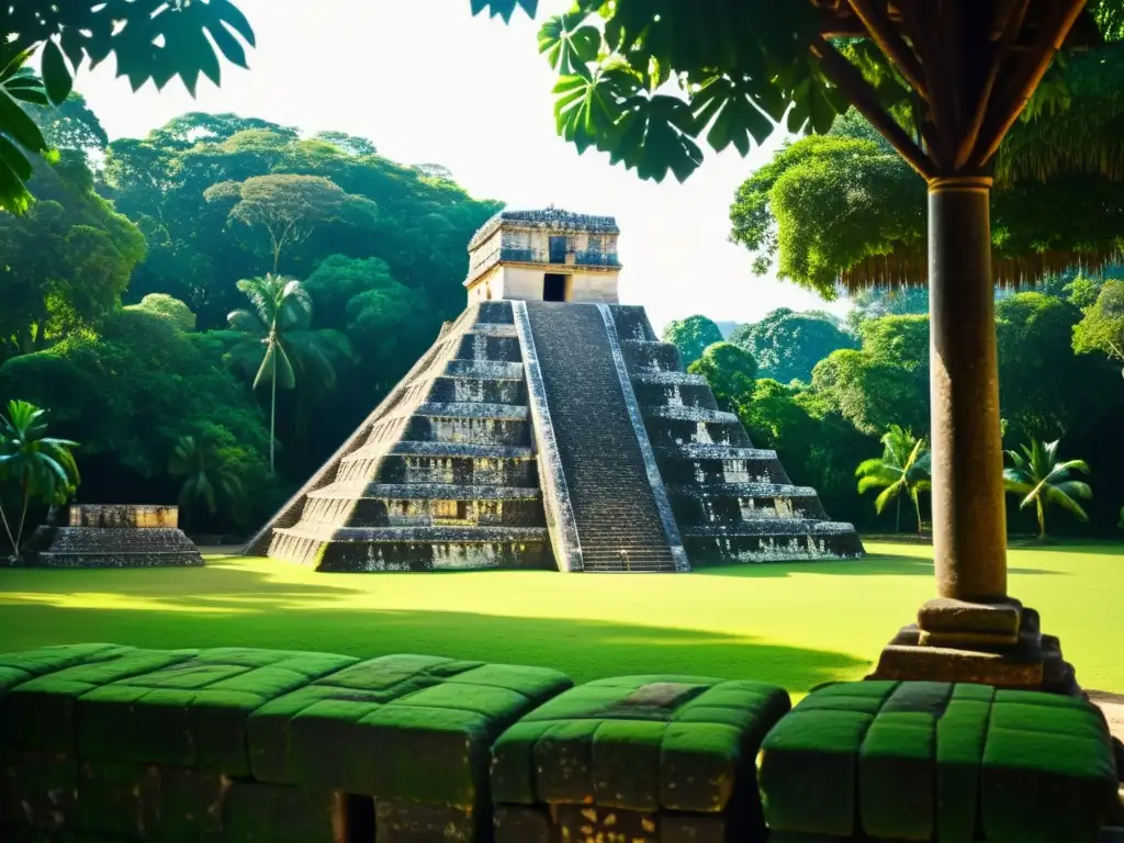 Patrones Mayas en realidad aumentada: Una pirámide maya rodeada de exuberante jungla, bañada por la luz del sol entre las sombras