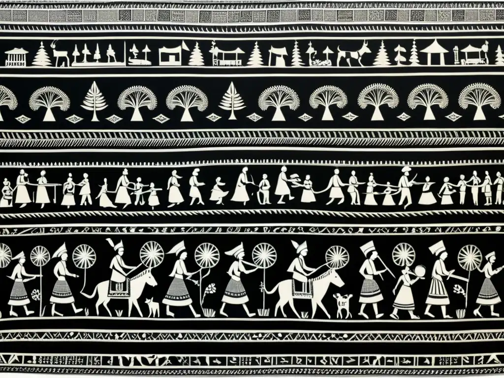 Patrones Warli para moda contemporánea: Detalle de arte tribal en tela vintage, con escenas de aldea y animales entre diseños geométricos en blanco y negro