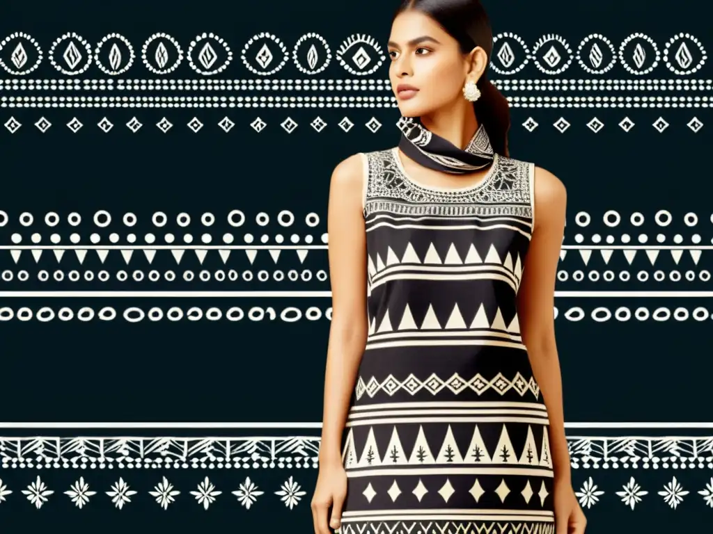 Ilustración vintage de Patrones Warli en moda contemporánea, fusionando la estética tribal con la moda moderna