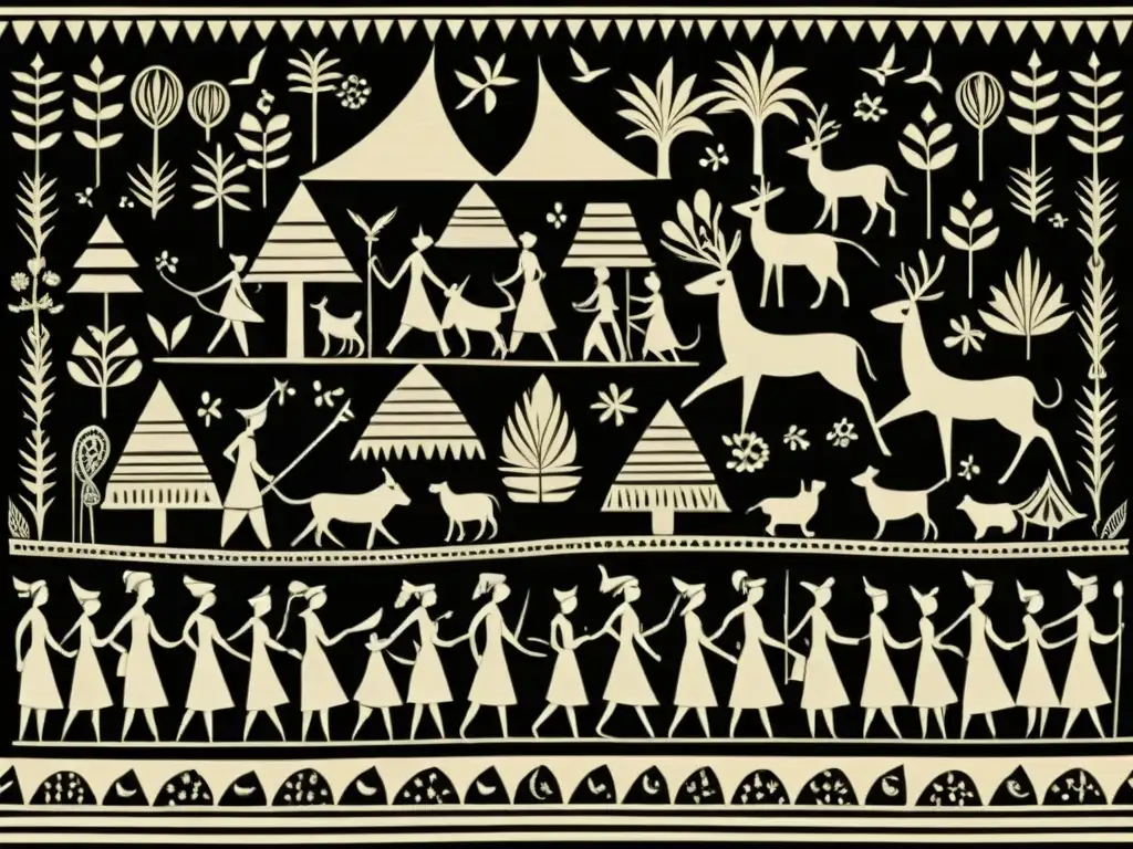 Patrones Warli para moda contemporánea: Pintura tribal Warli detallada en tonos terrosos, con figuras humanas y animales en un estilo vintage