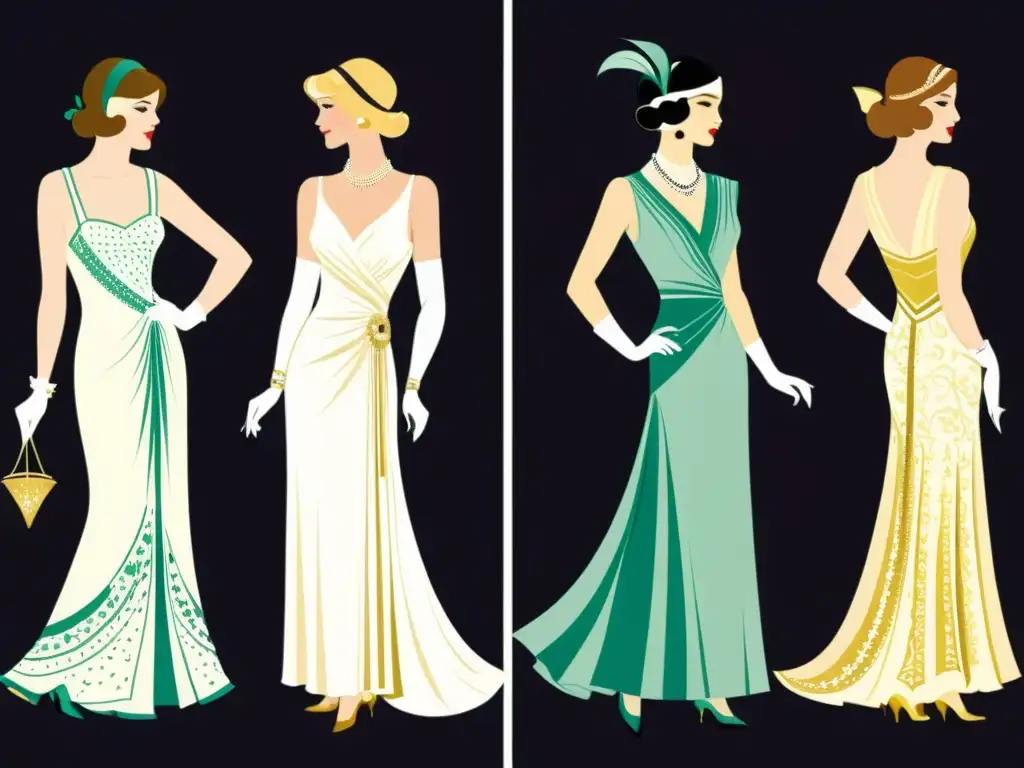 Vintage ilustración de la evolución histórica de patrones moda festiva, desde la elegancia victoriana hasta la glamurosa moda del siglo XX, en tonos pastel evocadores