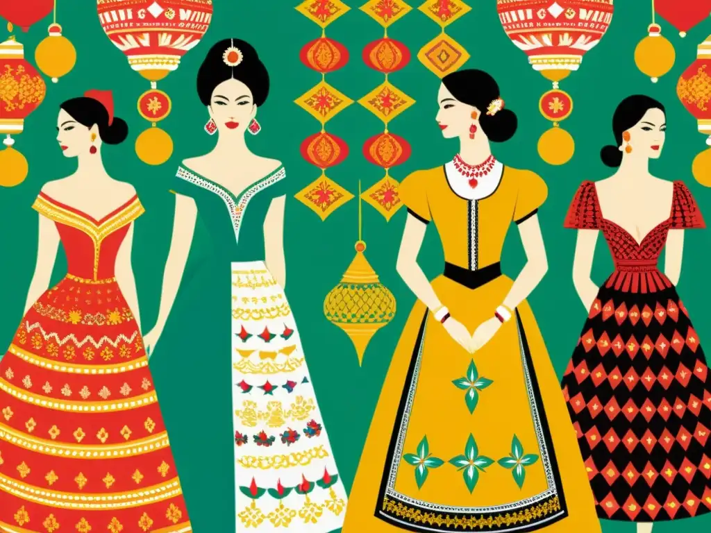 Patrones moda festiva evolución histórica: Ilustración vintage de vestidos festivos de diversas culturas, destacando sus diseños y colores