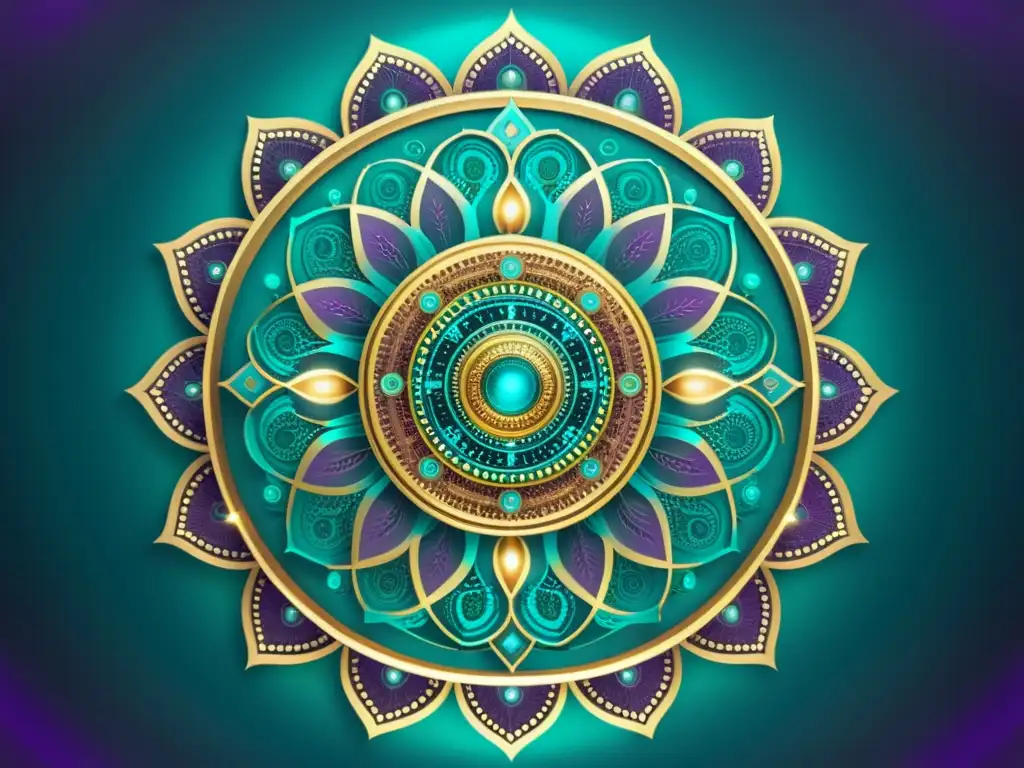 Patrones de meditación con IA: Mandala vintage con motivos de circuitos en tonos vibrantes, rodeado de delicadas flores y un núcleo luminoso futurista