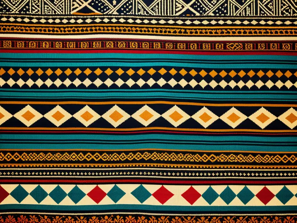 Patrones multiculturales para branding: Detalle de un textil vintage con motivos étnicos y colores vibrantes