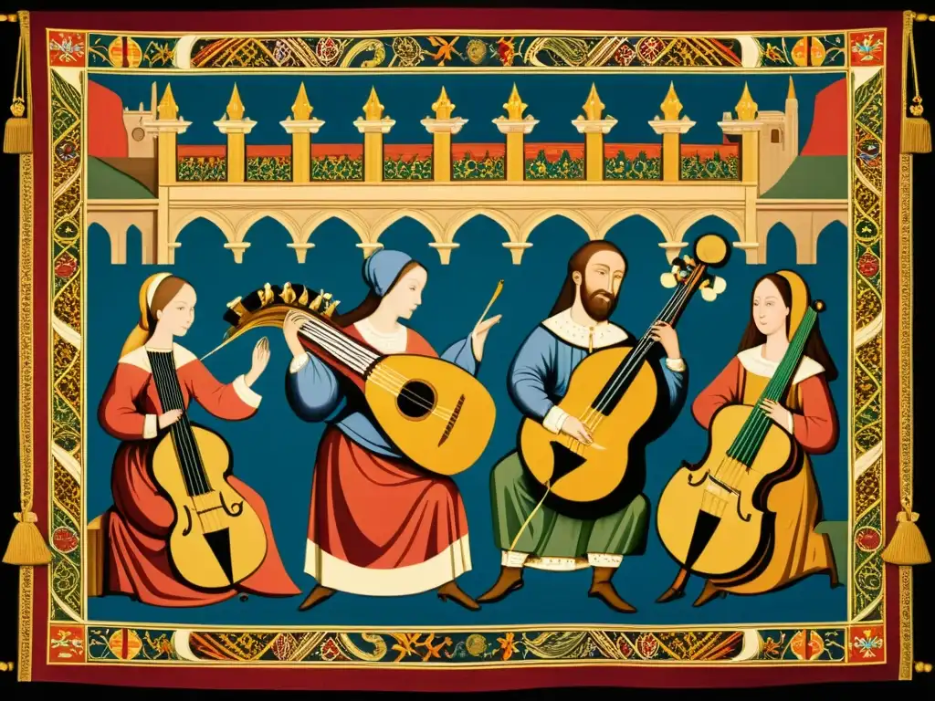 Representación de patrones musicales en arte medieval con músicos y vibrantes colores en un gran salón