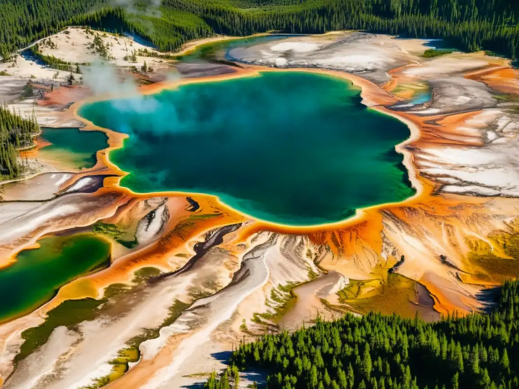 Patrones naturales en parques nacionales: Vista aérea del vibrante Gran Prismatic Spring en Yellowstone, con colores hipnotizantes y vapor etéreo