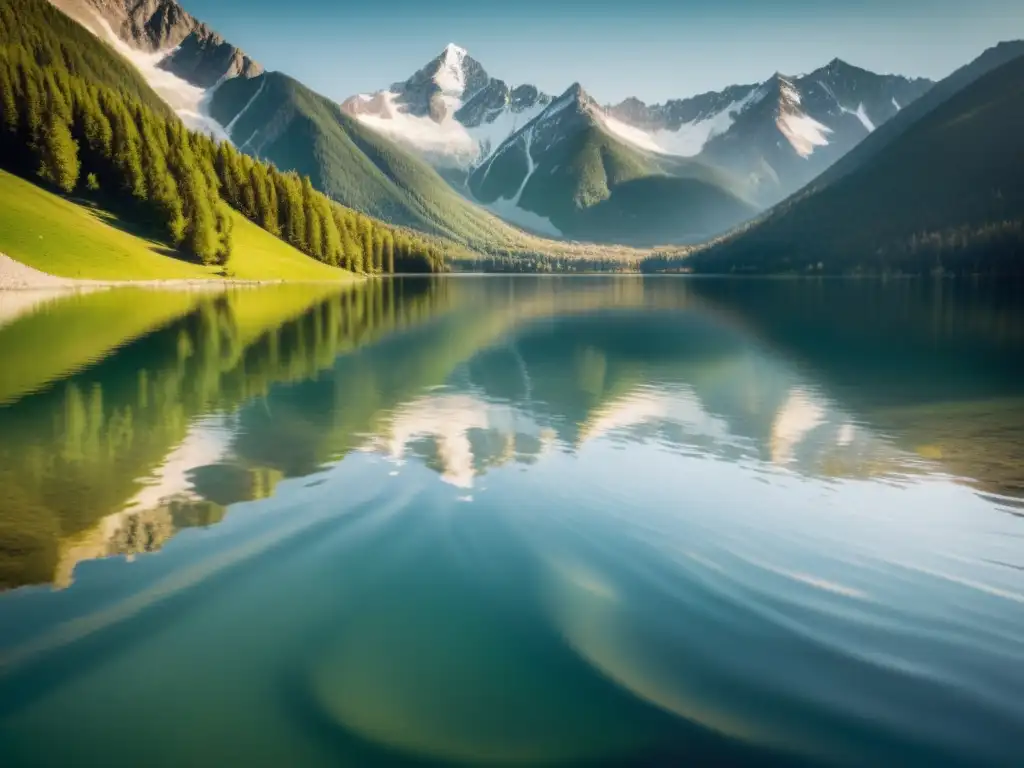 Patrones naturales en parques nacionales: Foto vintage de ripples en lago alpino, reflejando picos nevados