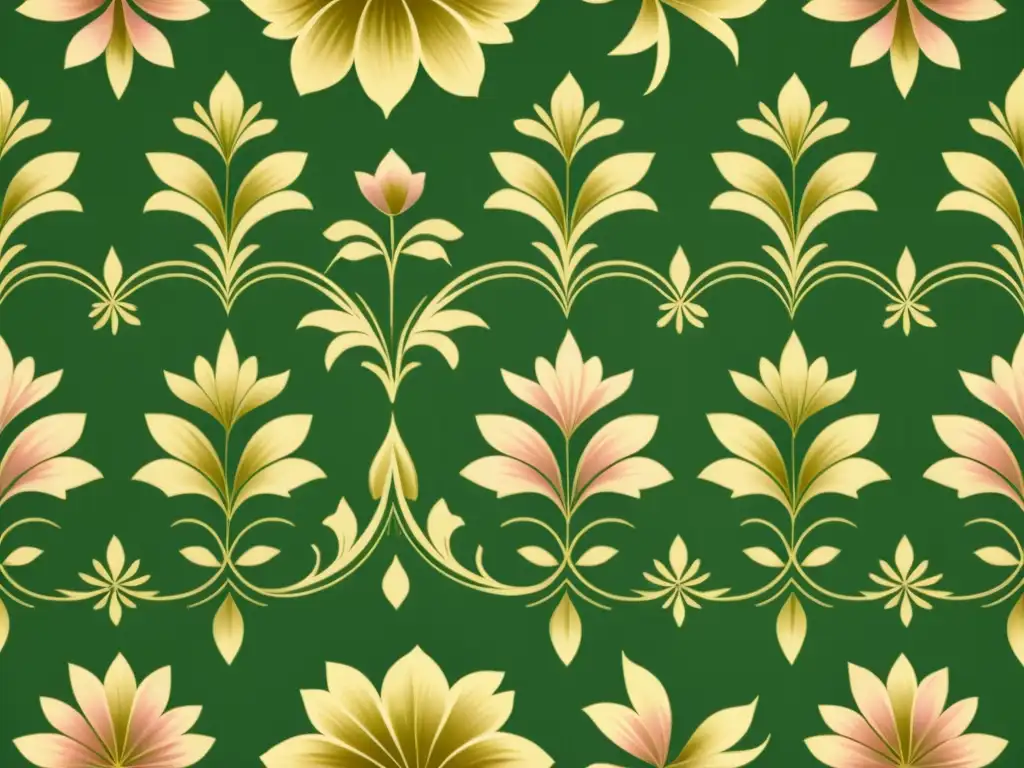 Patrones de papel tapiz inspiradores con diseño floral vintage en tonos de oro, rosa y verde, creando una atmósfera de elegancia atemporal y nostalgia