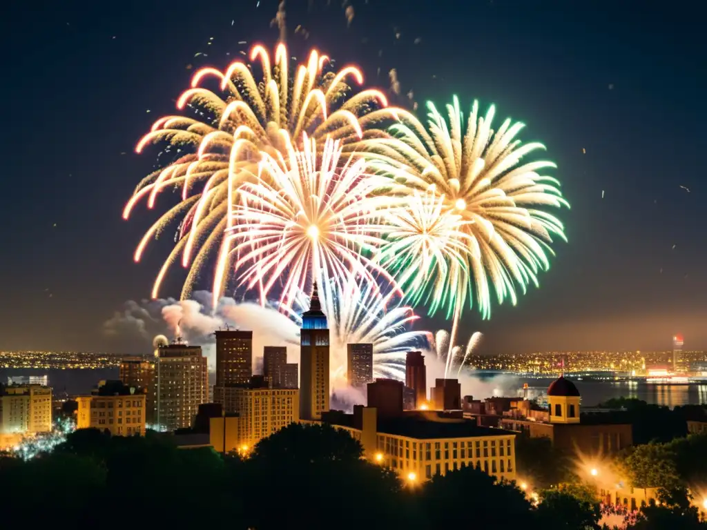 Patrones de pirotecnia en celebraciones: Fotografía vintage de una bulliciosa ciudad iluminada por fuegos artificiales nocturnos