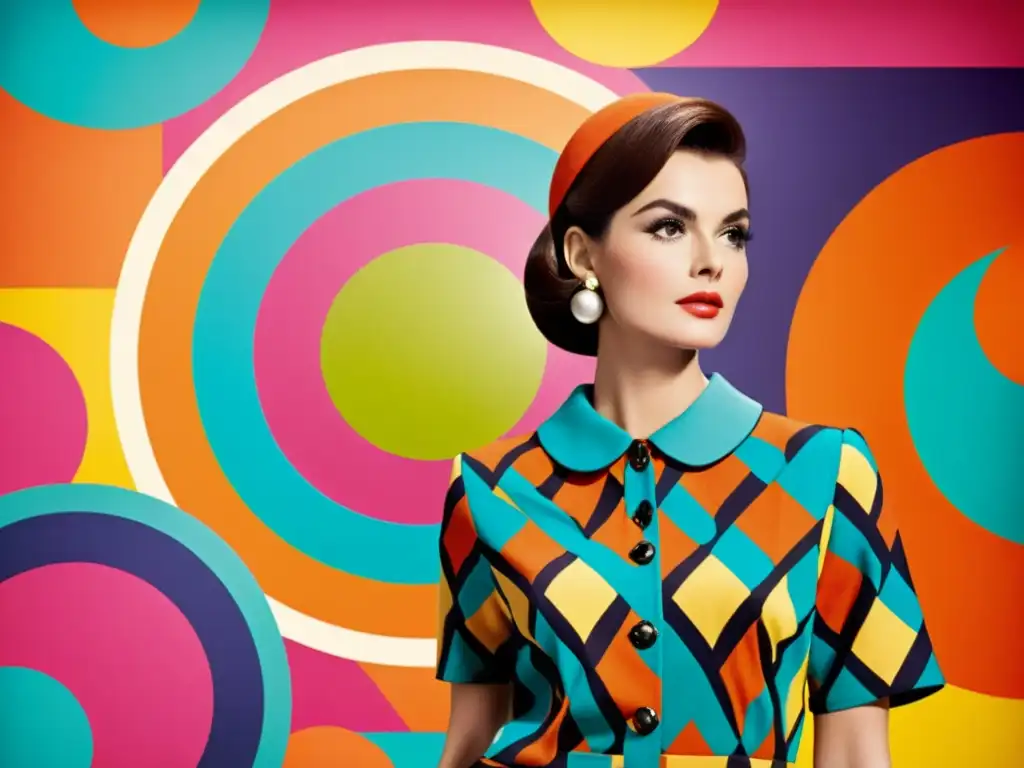 Anuncio vintage de moda con patrones geométricos en los 60 Evolución de patrones en la publicidad de moda: anuncio vintage de los 60 con modelo luciendo atuendo geométrico en fondo psicodélico