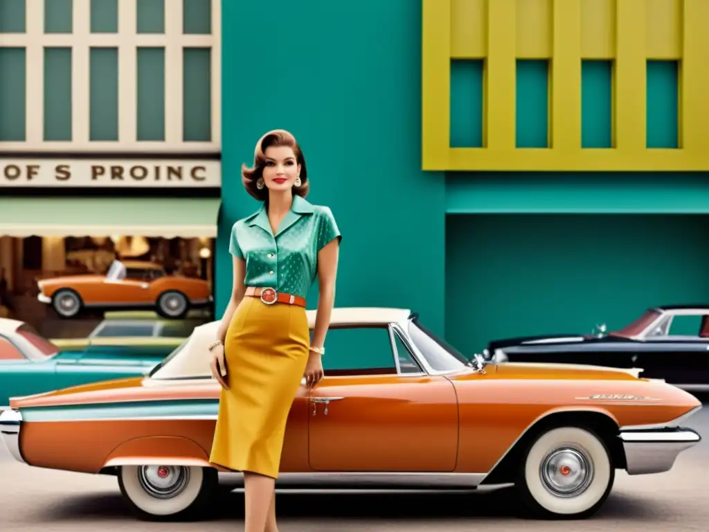 Anuncio de moda vintage de los años 60 con modelo y coche clásico Evolución de patrones publicitarios de moda: Anuncio vintage de moda de los años 60 con modelo y coche clásico en una bulliciosa calle de la ciudad