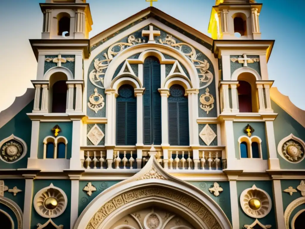 Patrones religiosos adornan la fachada de una iglesia colonial en Latinoamérica, con luz y sombra resaltando su elegancia barroca