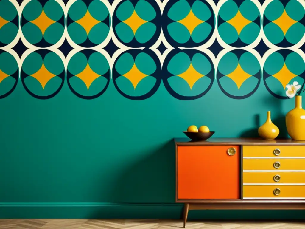 Patrón retro en papel tapiz: nostalgia y sofisticación Patrones retro en estrategias de marketing: Elegante papel tapiz vintage en sala bien iluminada con muebles de mediados de siglo