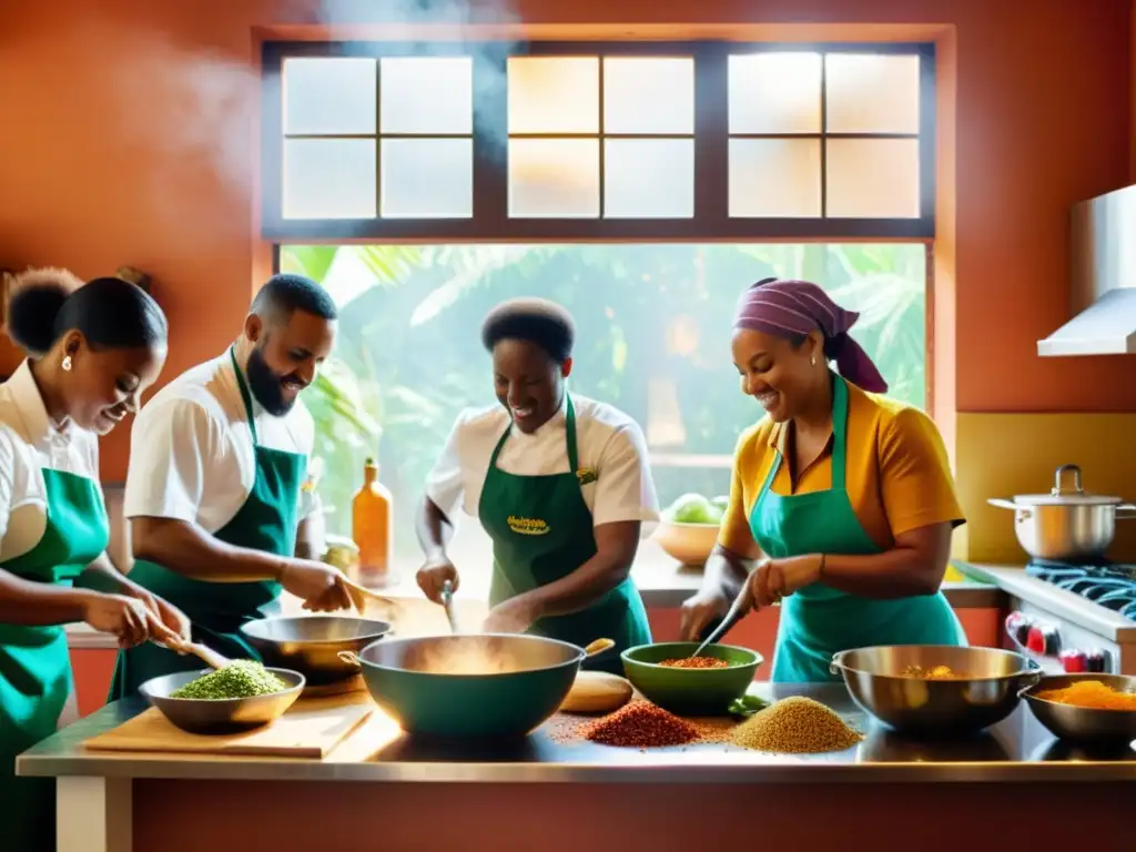 Cocina afrocaribeña: vibrante sinfonía culinaria Patrones rítmicos en una bulliciosa cocina afrocaribeña, llena de colores y movimiento, donde chefs preparan ingredientes tradicionales