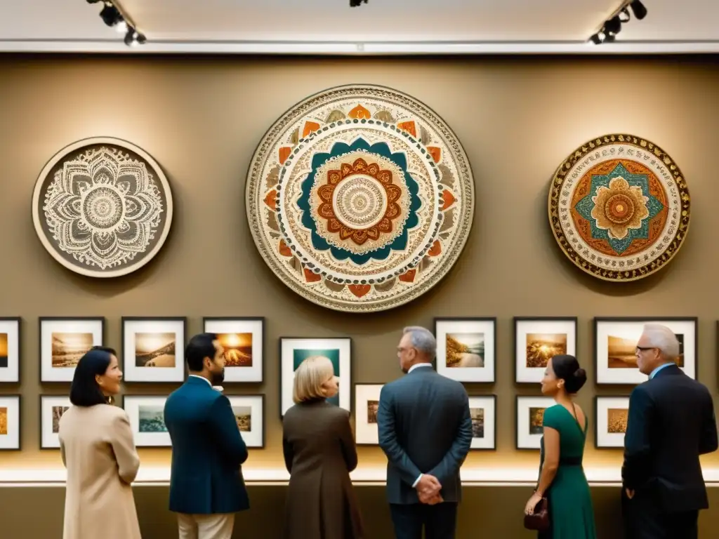 Patrones sagrados en galería de renombre, elegantes visitantes admirando arte mandala