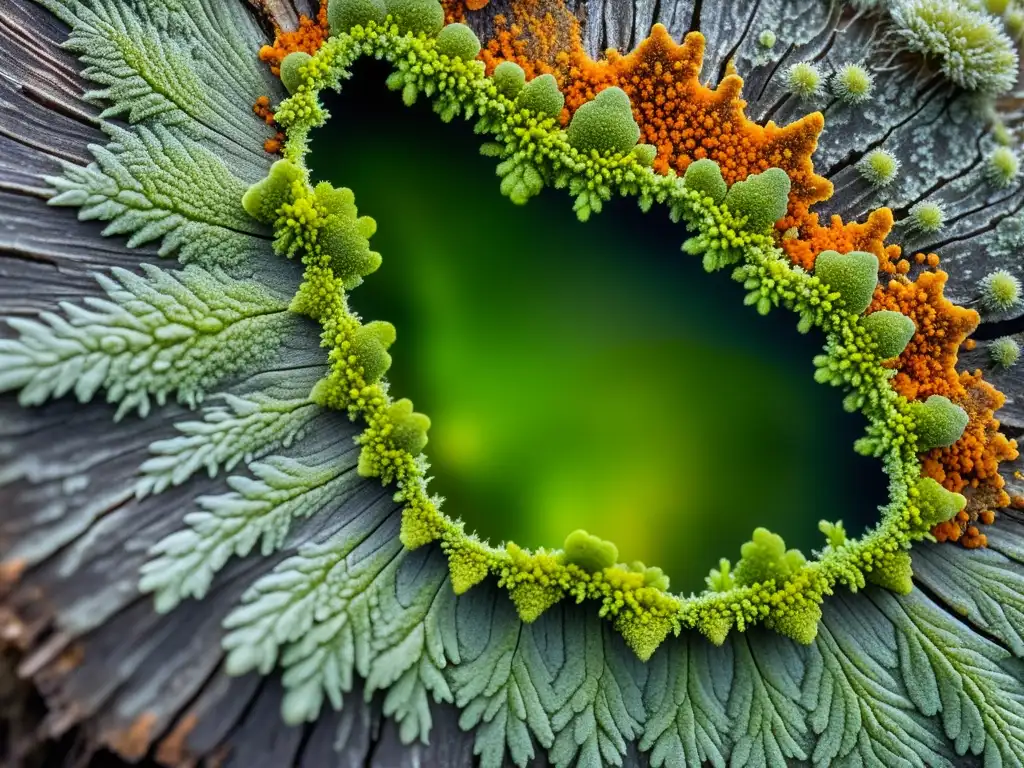 Patrones de simbiosis en la naturaleza: Detalle de líquenes vibrantes en tronco de árbol, bañados por suave luz del bosque