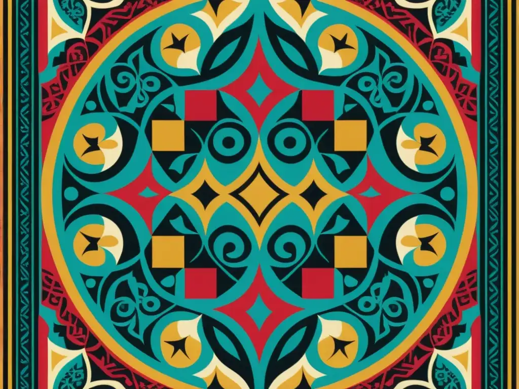 Arabesque vibrante: Símbolos del Arab Spring Patrones simbólicos Primaveras Árabes: Ilustración vintage de intrincados diseños árabes en colores vibrantes, simbolizando unidad y herencia cultural