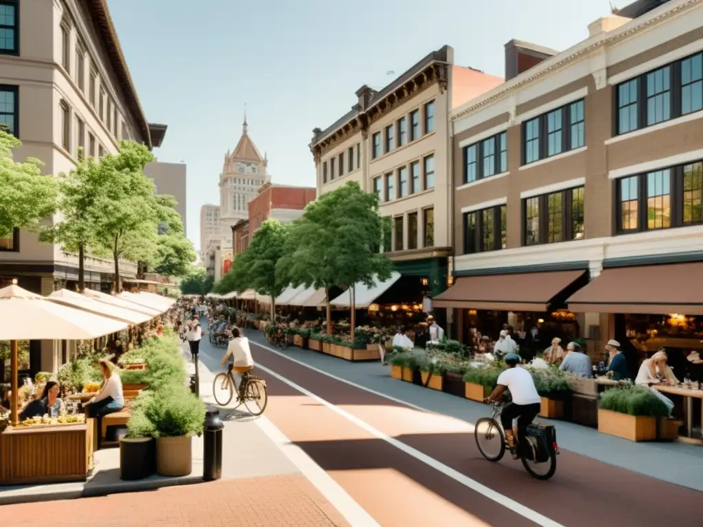 Patrones de planificación urbana sostenible en una bulliciosa calle de la ciudad con arquitectura vintage y espacios verdes, mostrando un ambiente sostenible y atemporal