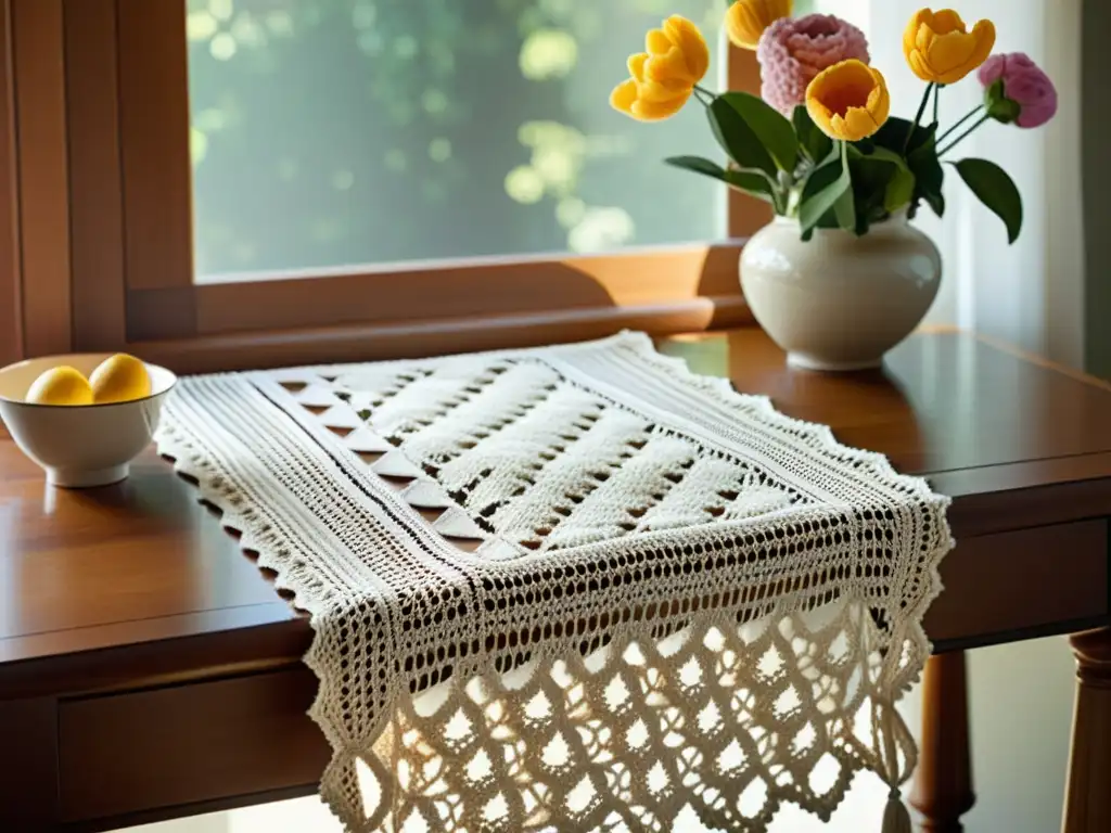 Patrones de tejido modernos arte crochet: Mesa de madera con tapete de ganchillo vintage y luz matutina suave