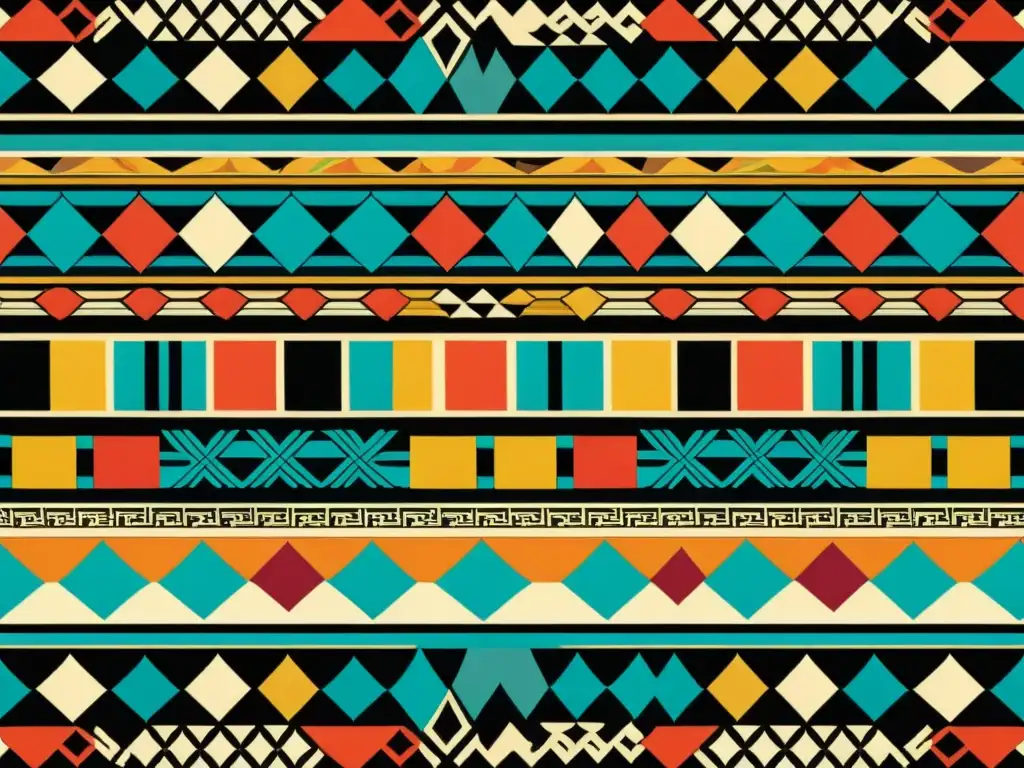 Una ilustración vintage de patrones textiles de diversas culturas, con colores vibrantes y formas geométricas