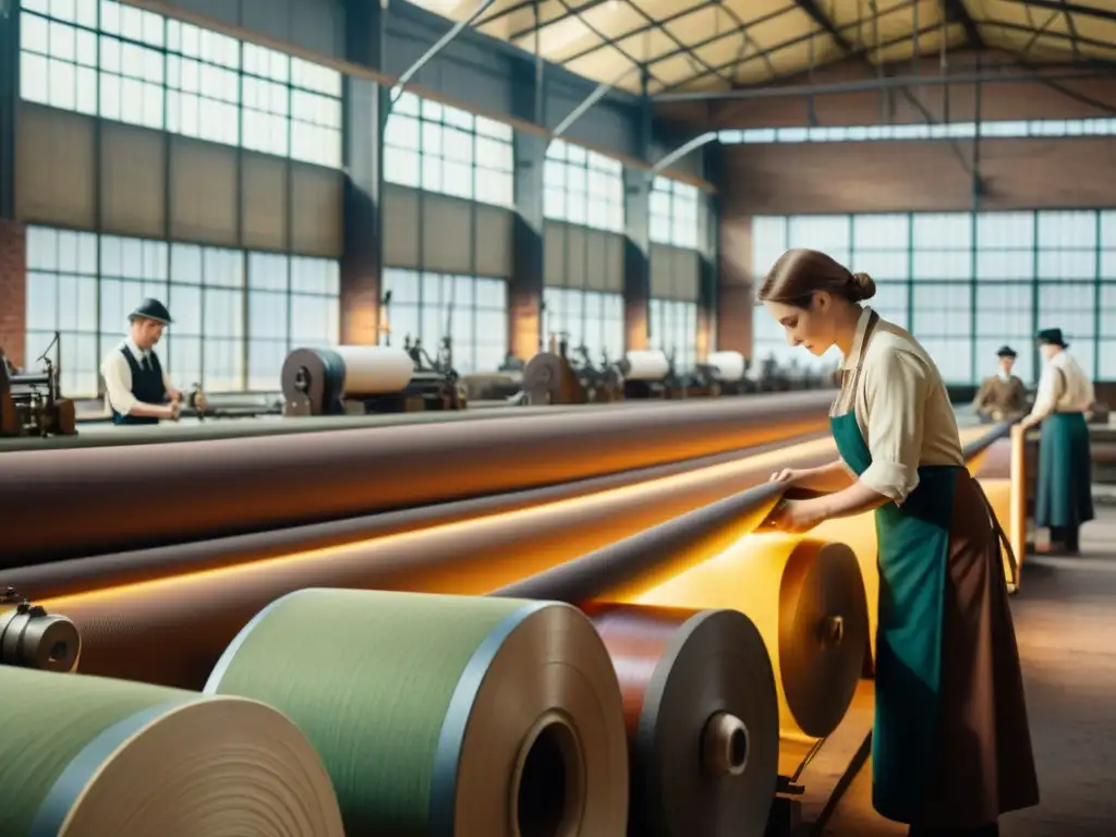 Transformación de patrones textiles europeos en fábrica textil vintage durante la revolución industrial, con maquinaria, trabajadores y rollos de tela