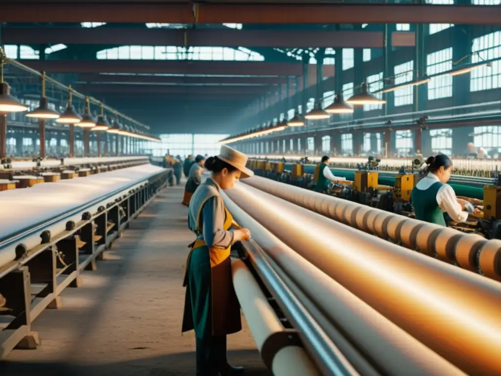 Transformación de patrones textiles europeos: Imagen de fábrica textil del siglo XIX con trabajadores y maquinaria vintage en cálida iluminación