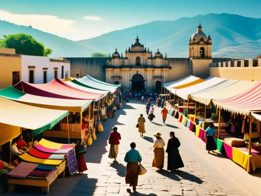 Patrones textiles en mercado vibrante de Oaxaca, con ropa tradicional y arquitectura típica, bajo la cálida luz del sol