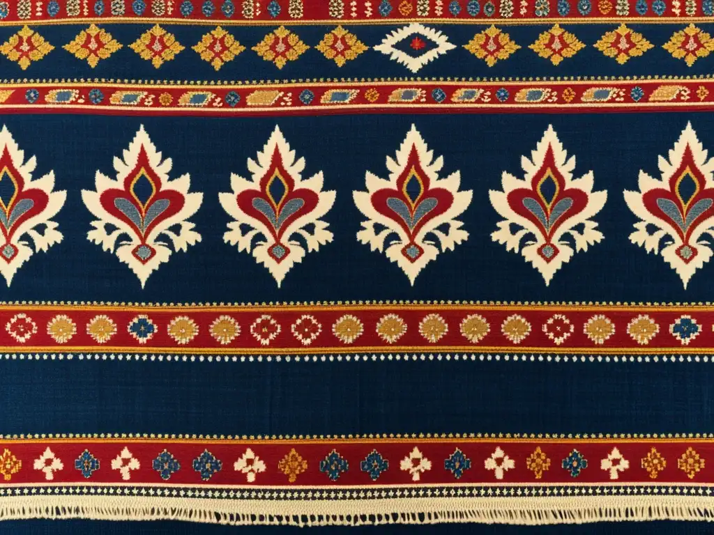 Patrones textiles sostenibles India: Intrincado diseño vintage de textiles indios en índigo, carmesí y oro, con motivos tradicionales y rica artesanía