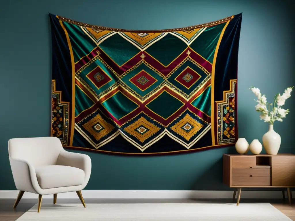 Patrones textiles vanguardia para interiores lujosos: un tapiz vintage con motivos geométricos en colores ricos y vibrantes, tejido con seda y terciopelo