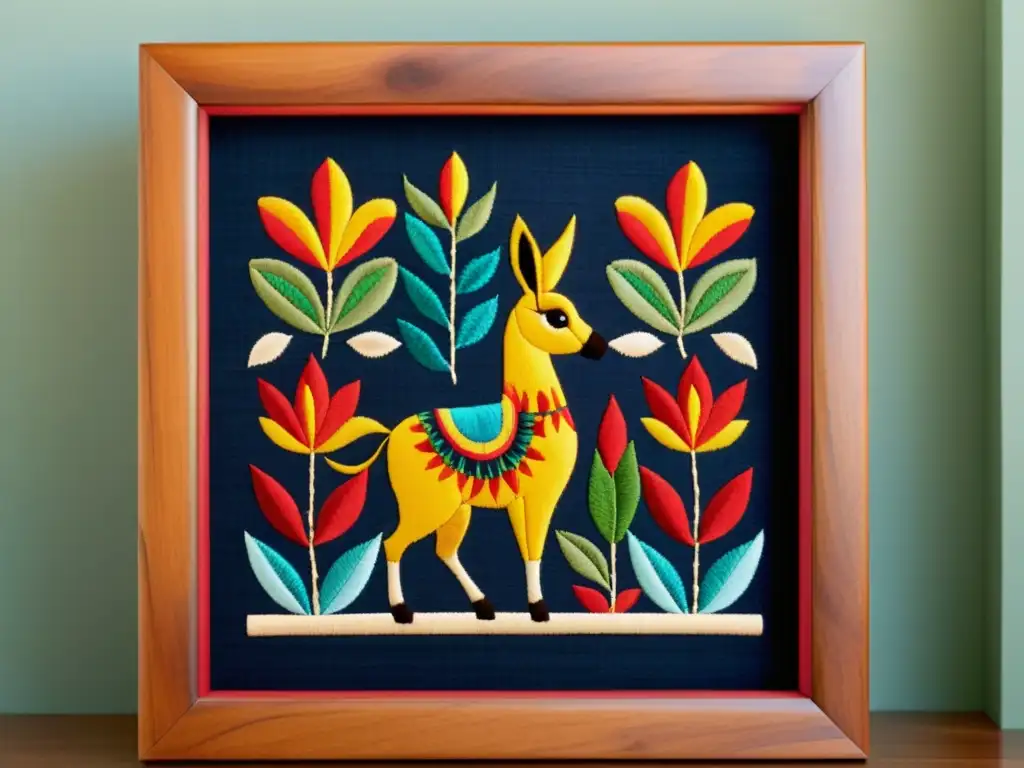 Patrones tradicionales en realidad aumentada: Detalle de bordado artesanal en marco de madera sobre fondo texturizado, evocando herencia cultural