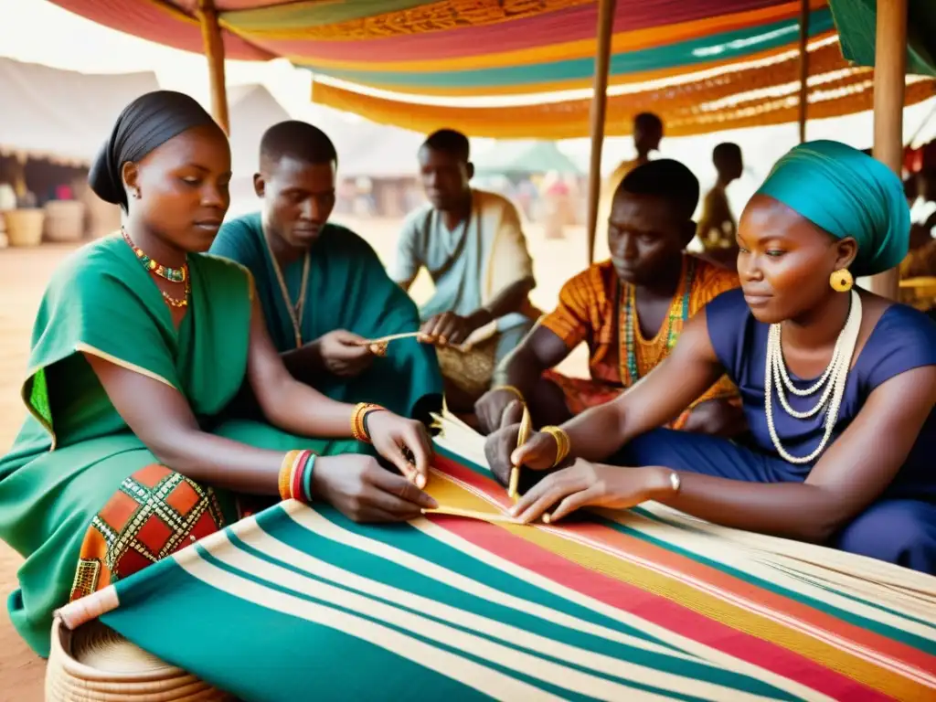 Nigerian artisans tejen patrones tribales en el Festival Nacional de Arte, iluminados por el cálido sol, rodeados de textiles y diseños tribales