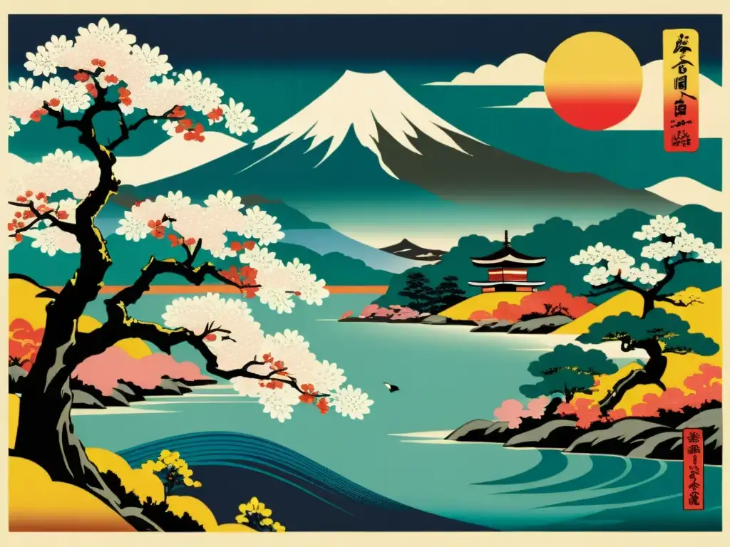 Patrones de Ukiyoe del mundo: impresión vintage de paisaje japonés con cerezos en flor, río y montaña, evocando belleza y tranquilidad