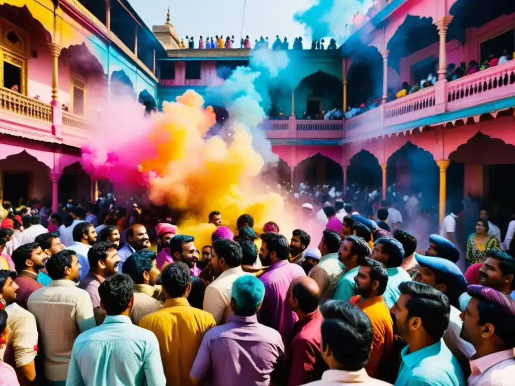 Patrones vibrantes en celebración Holi India: bulliciosa calle durante el festival, colores y arquitectura tradicional, alegría y exuberancia