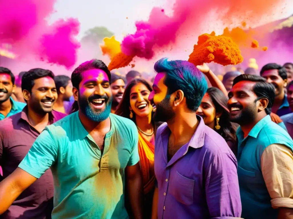 Patrones vibrantes en celebración Holi India: Detallada imagen 8k de personas en festival con polvos de colores, ropa tradicional y ambiente festivo