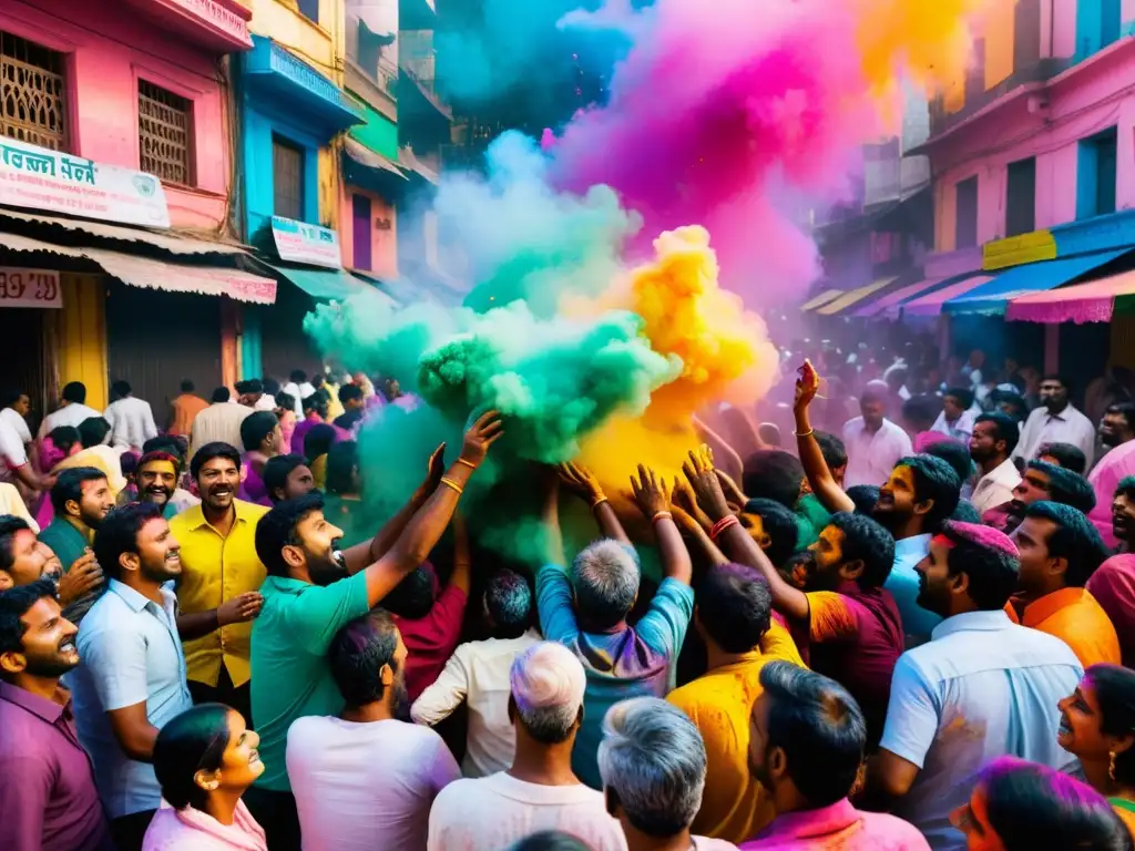 Patrones vibrantes en celebración Holi India: imagen detallada de la alegre caótica fiesta en la India, con polvos de colores esparciéndose en el aire