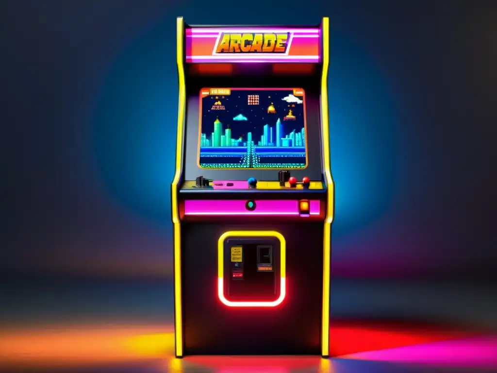 Patrones visuales en videojuegos: Máquina arcade vintage con arte pixelado y escenas icónicas, rodeada de luces de neón y una ciudad retrofuturista