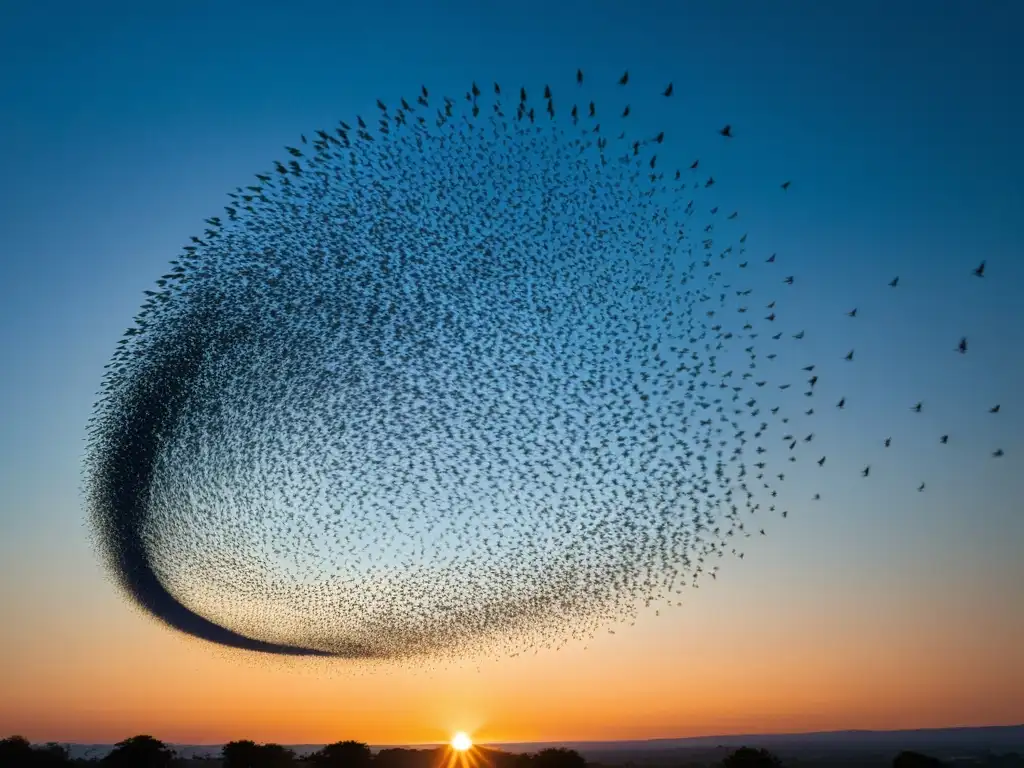 Patrones de vuelo sincronizado de aves: majestuoso enjambre de estorninos en perfecta armonía, creando hermosas formas en el cielo al atardecer