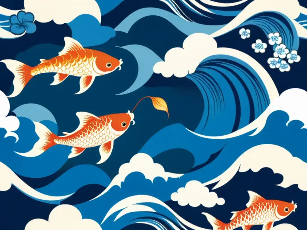 Dos peces koi nadando entre olas de porcelana japonesa, simbolizando prosperidad y buena suerte