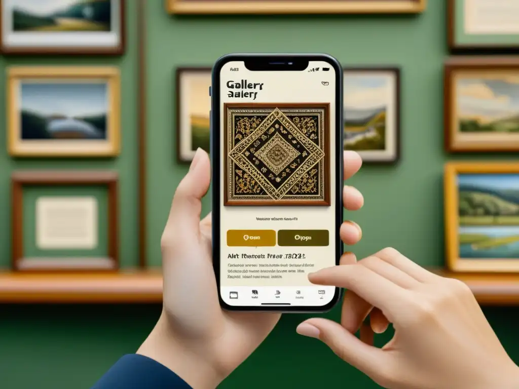 Persona explorando una app de galería de arte vintage en su smartphone, con expresión de fascinación