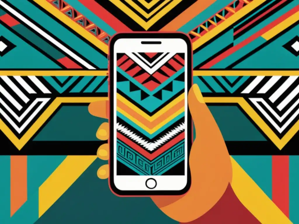 Persona usando una app para preservar patrones ancestrales con diseño indígena y colores vibrantes en pantalla, conectando pasado y presente
