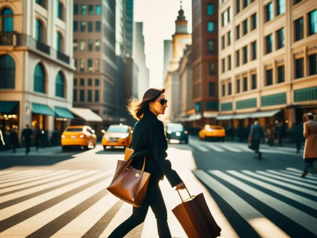 Persona caminando por una bulliciosa calle de la ciudad, rodeada de edificios altos con patrones repetitivos en su arquitectura