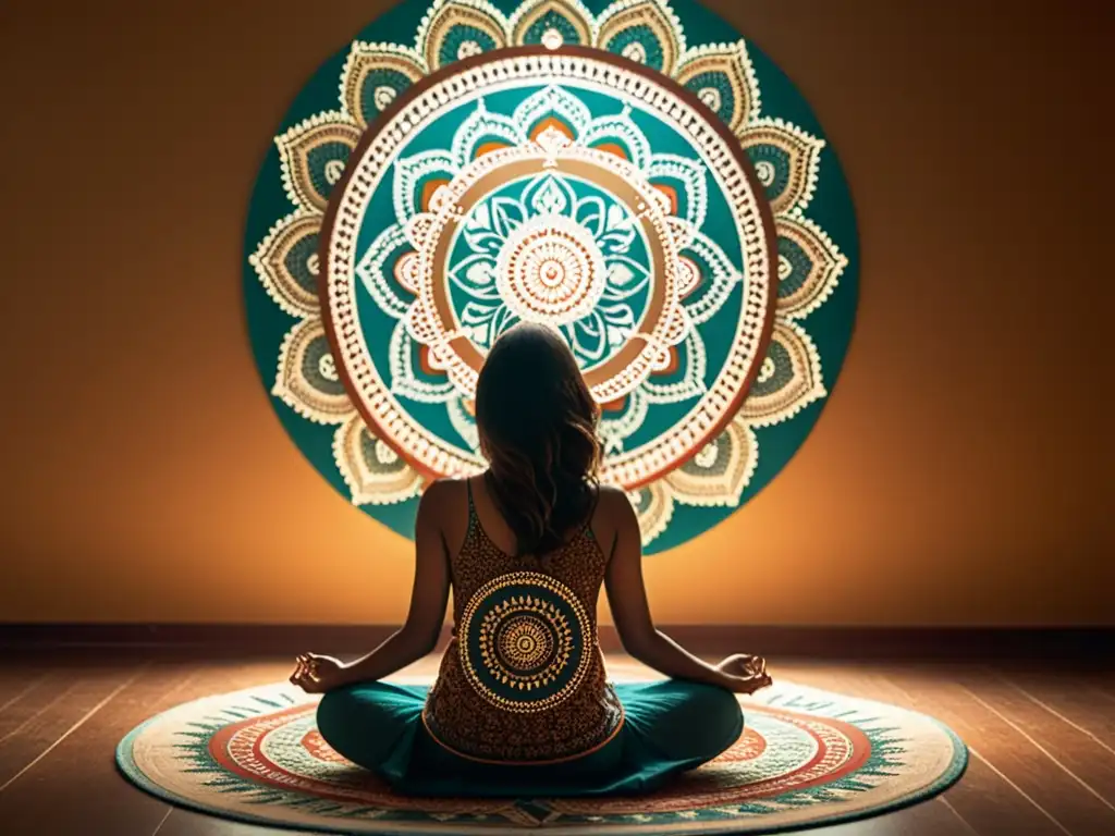 Persona meditando en habitación llena de mandalas, creando atmósfera de paz y serenidad